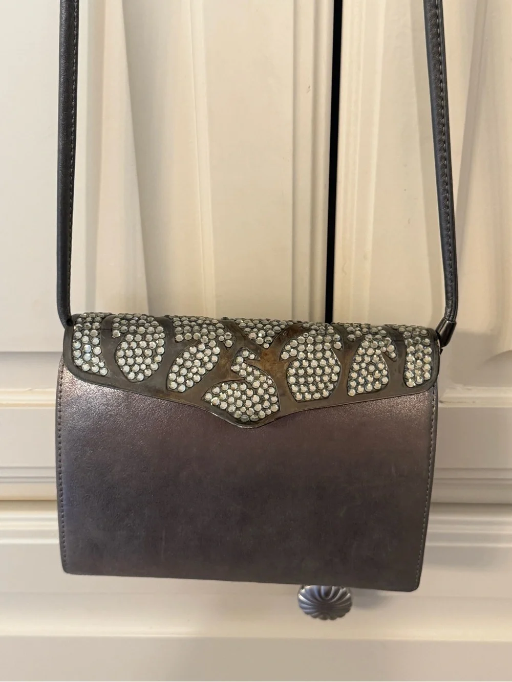 Rodo Italy Embellished Metallic Gray Leather Crossbody Bag - Picture 1 of 6